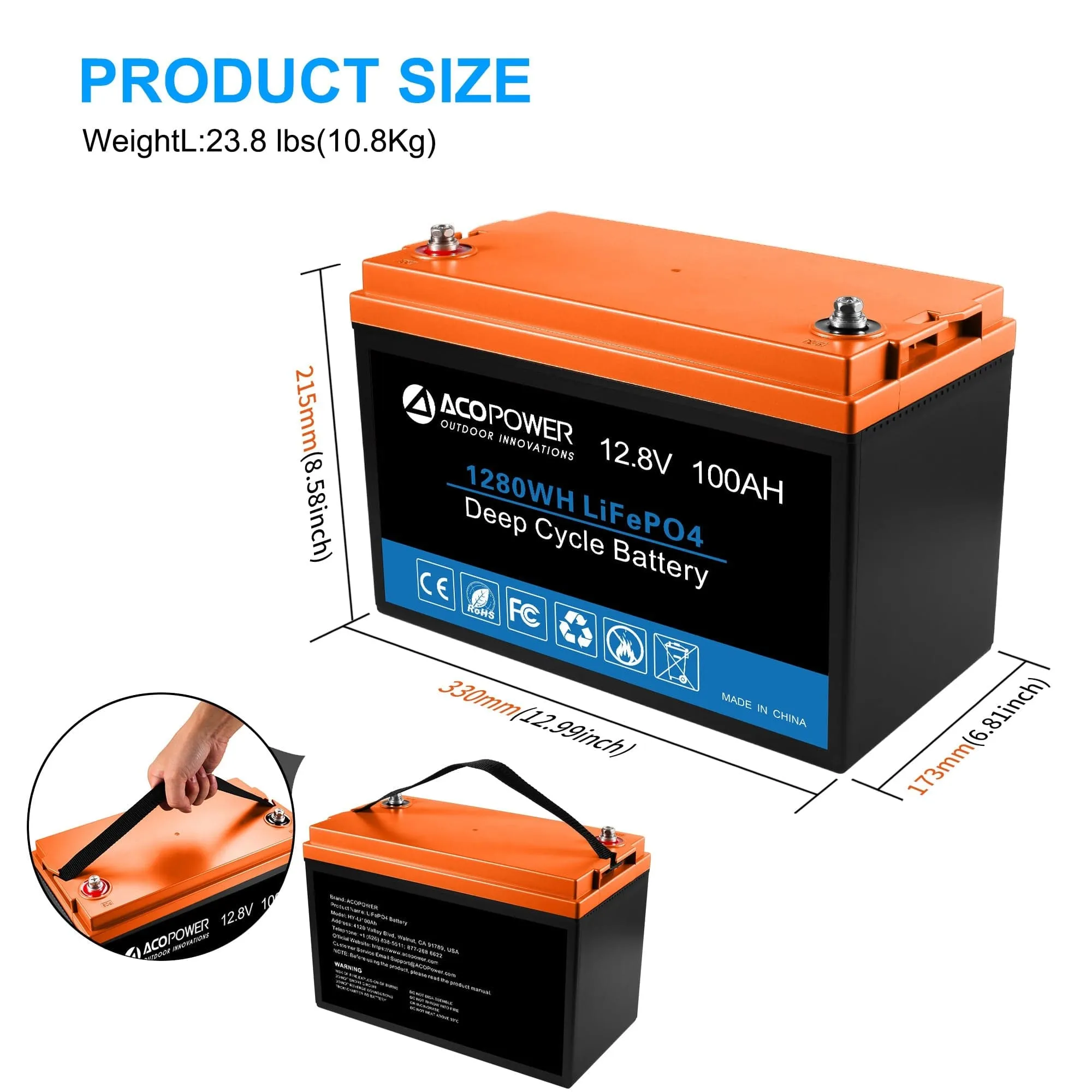 ACOPOWER 12V 100Ah LiFePO4 Deep Cycle Lithium Battery - HY-Li100Ah