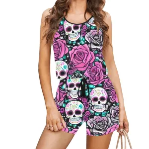 Be Beach-Ready In An Instant With This Awesome Women's Skull Pink Floral Short Romper