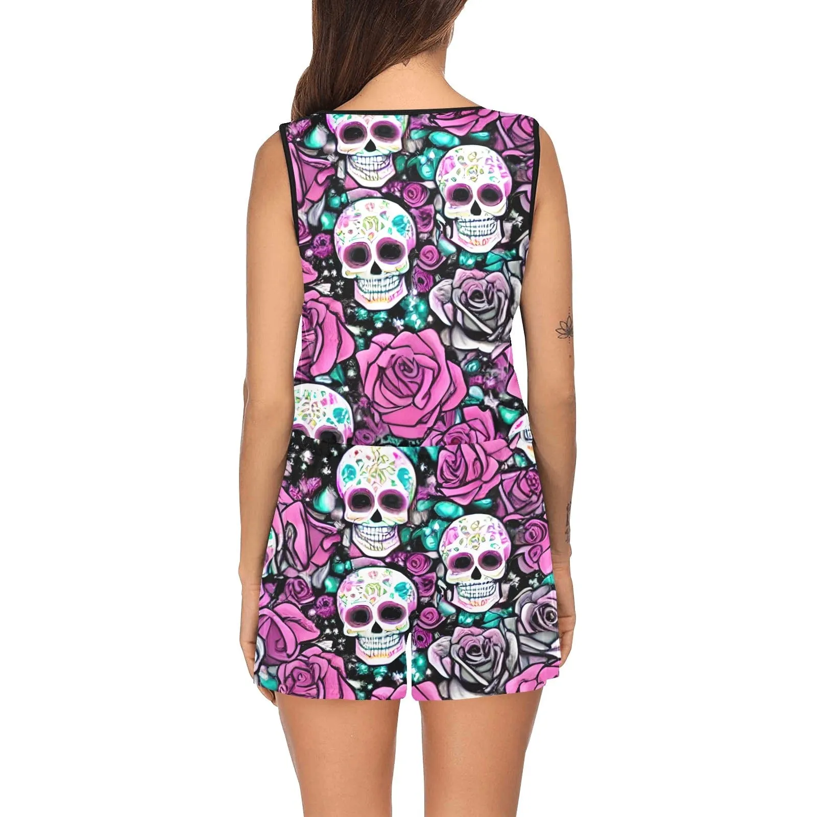 Be Beach-Ready In An Instant With This Awesome Women's Skull Pink Floral Short Romper