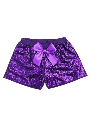 Girls Purple Sequin Satin Bow Elastic Waist Shorts 24 Months-6