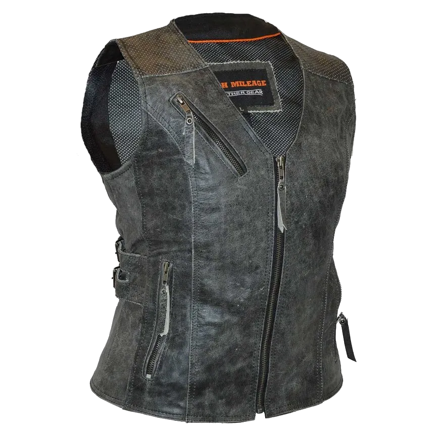 HML1037DG Ladies Distressed Gray Vest with Buckles