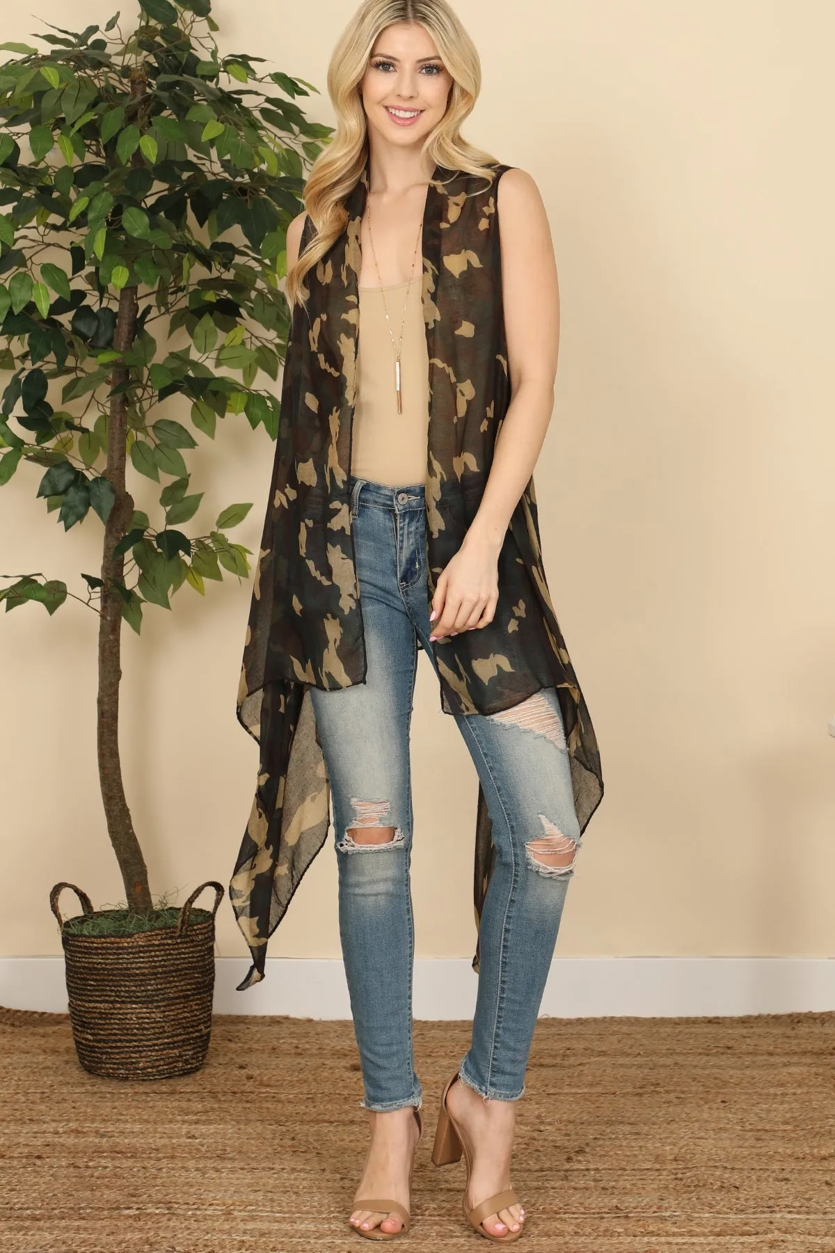 KNEE LENGTH CAMOUFLAGE OPEN FRONT KIMONO VEST