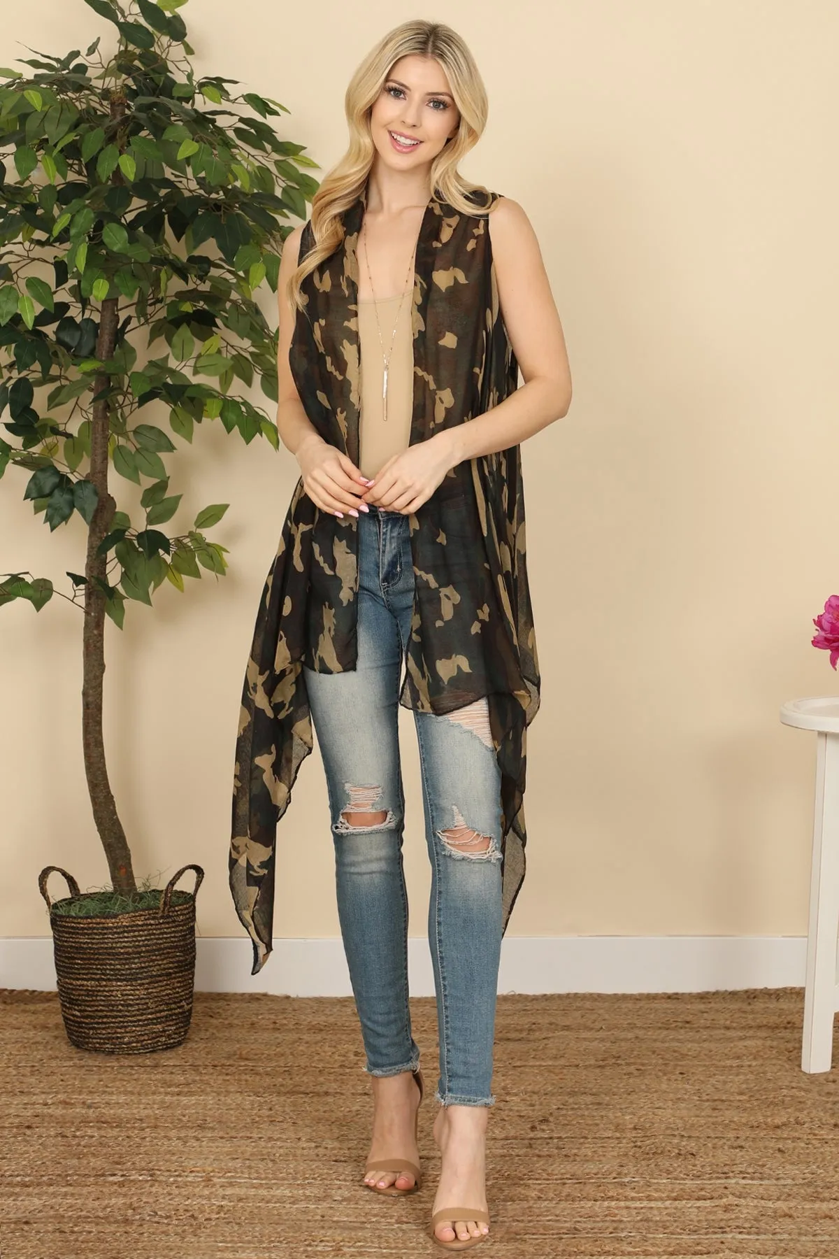 KNEE LENGTH CAMOUFLAGE OPEN FRONT KIMONO VEST