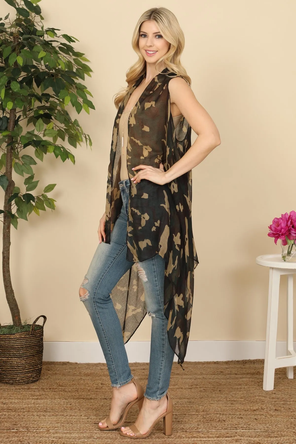 KNEE LENGTH CAMOUFLAGE OPEN FRONT KIMONO VEST