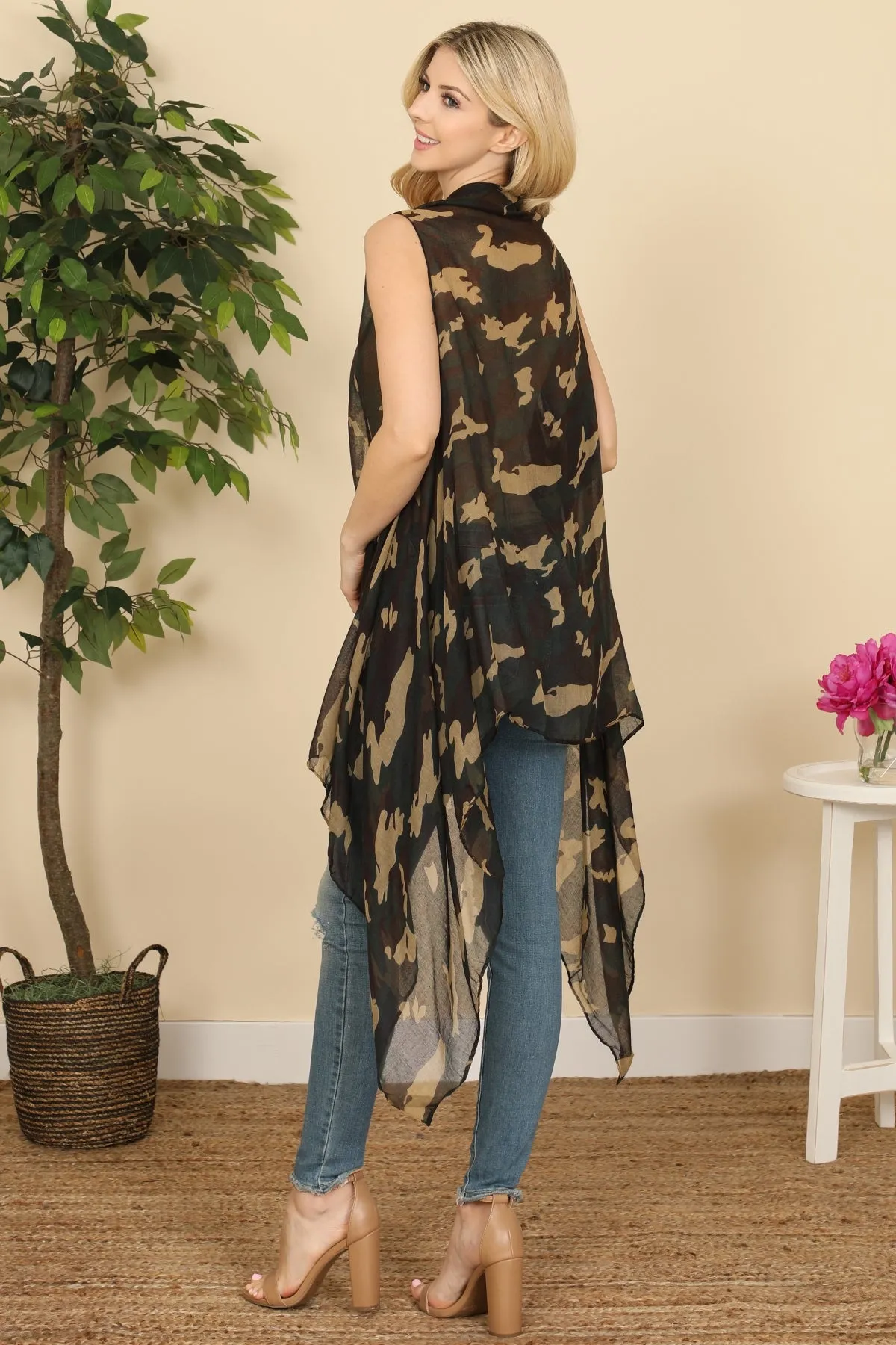 KNEE LENGTH CAMOUFLAGE OPEN FRONT KIMONO VEST