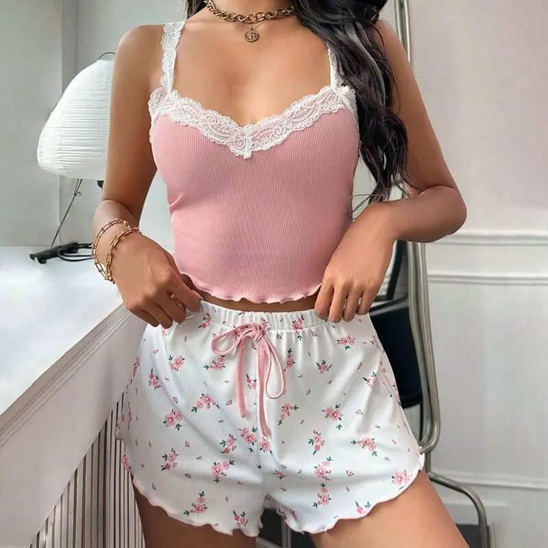 Ladies' Homewear Lace Suspender Shorts Suit