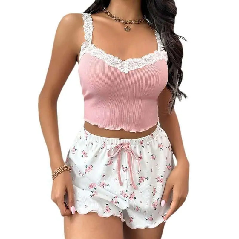 Ladies' Homewear Lace Suspender Shorts Suit