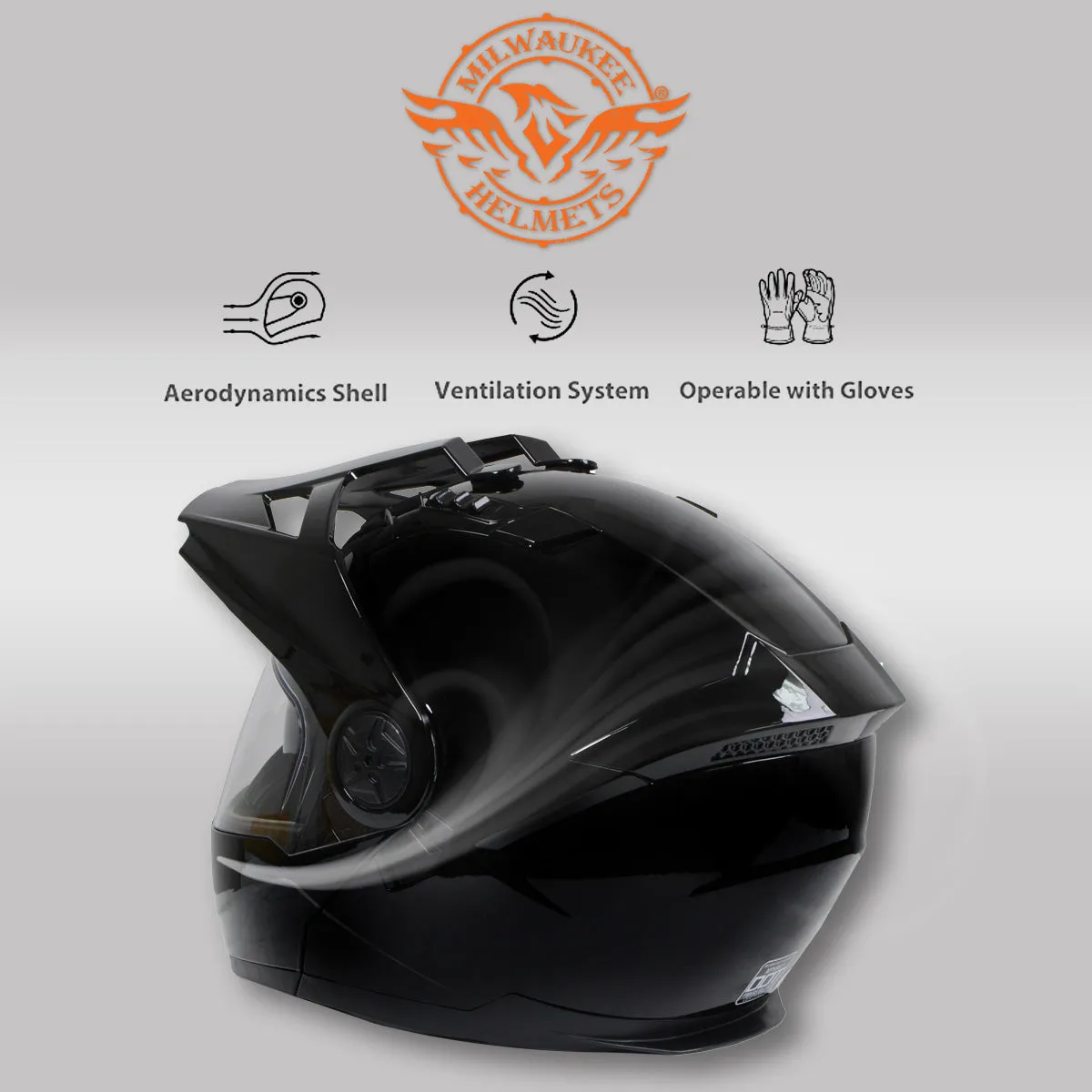 Milwaukee Helmets Gloss Black Ominous Dual Sport Advanced Motorcycle Modular Helmet for Men and Women DOT Approved MPH9821DOT