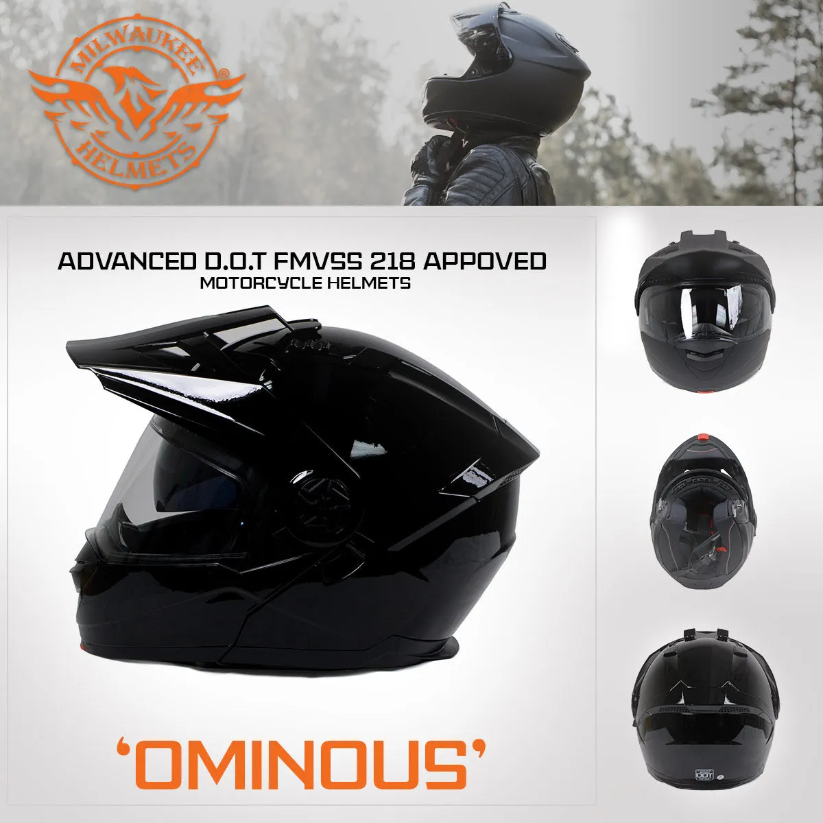 Milwaukee Helmets Gloss Black Ominous Dual Sport Advanced Motorcycle Modular Helmet for Men and Women DOT Approved MPH9821DOT