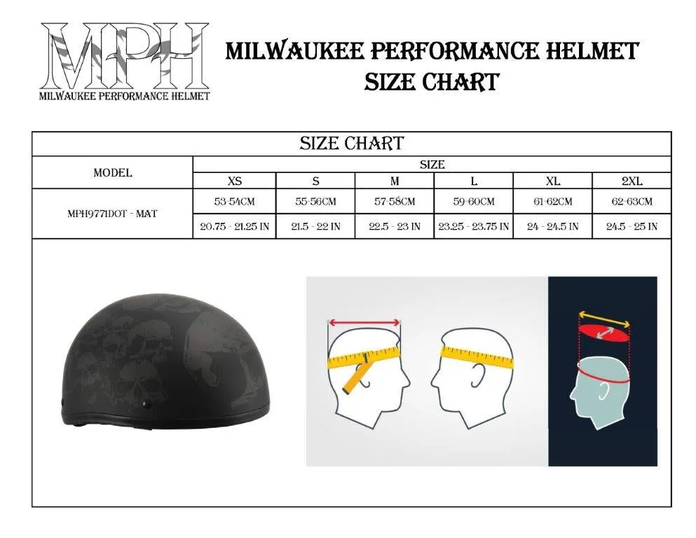 Milwaukee Helmets MPH9771DOT 'Skull Graphics' Americas Smallest Matte Black Half Helmet