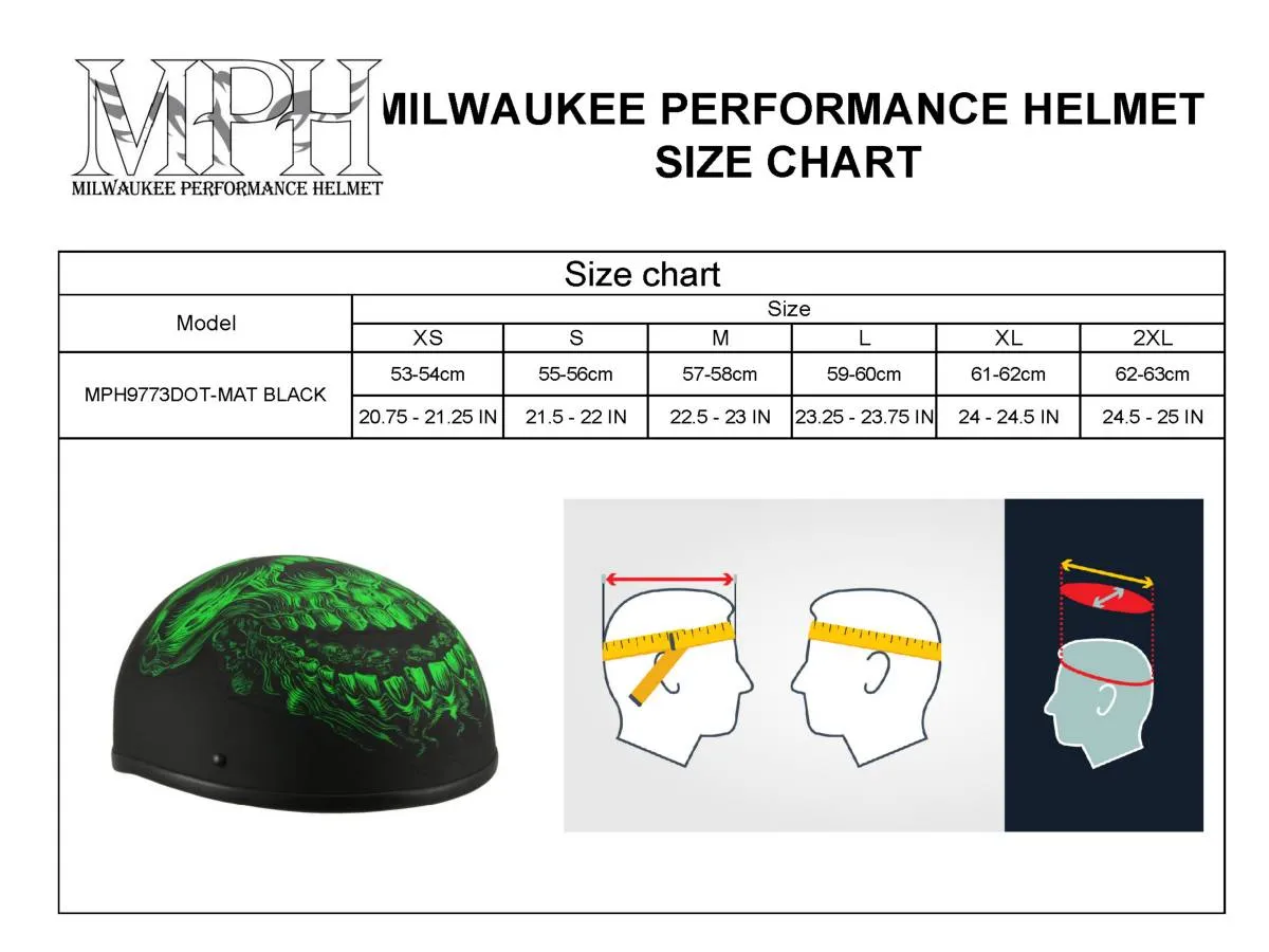 Milwaukee Helmets MPH9773 'Green Skeleton' Matte Black DOT Half Helmet