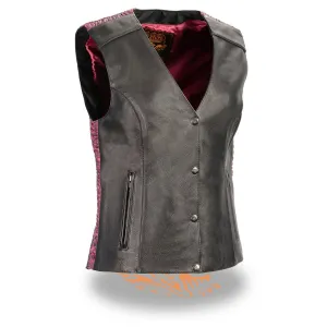 Milwaukee Leather MLL4570 Women's Studded Phoenix Black/Fuchsia Leather Motorcycle Vest w/ Embroidery Art