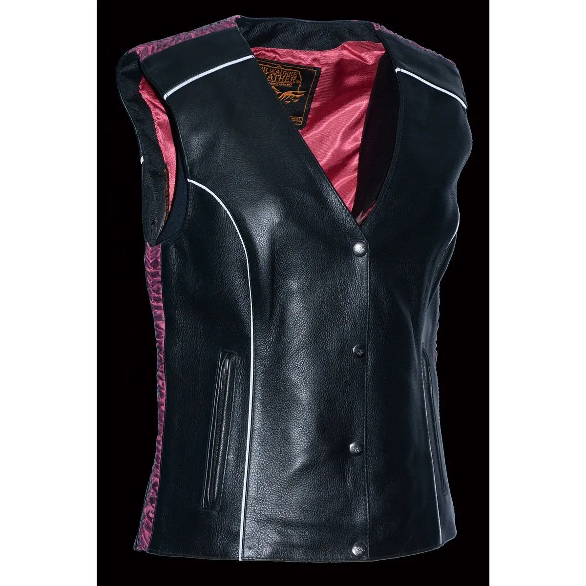 Milwaukee Leather MLL4570 Women's Studded Phoenix Black/Fuchsia Leather Motorcycle Vest w/ Embroidery Art