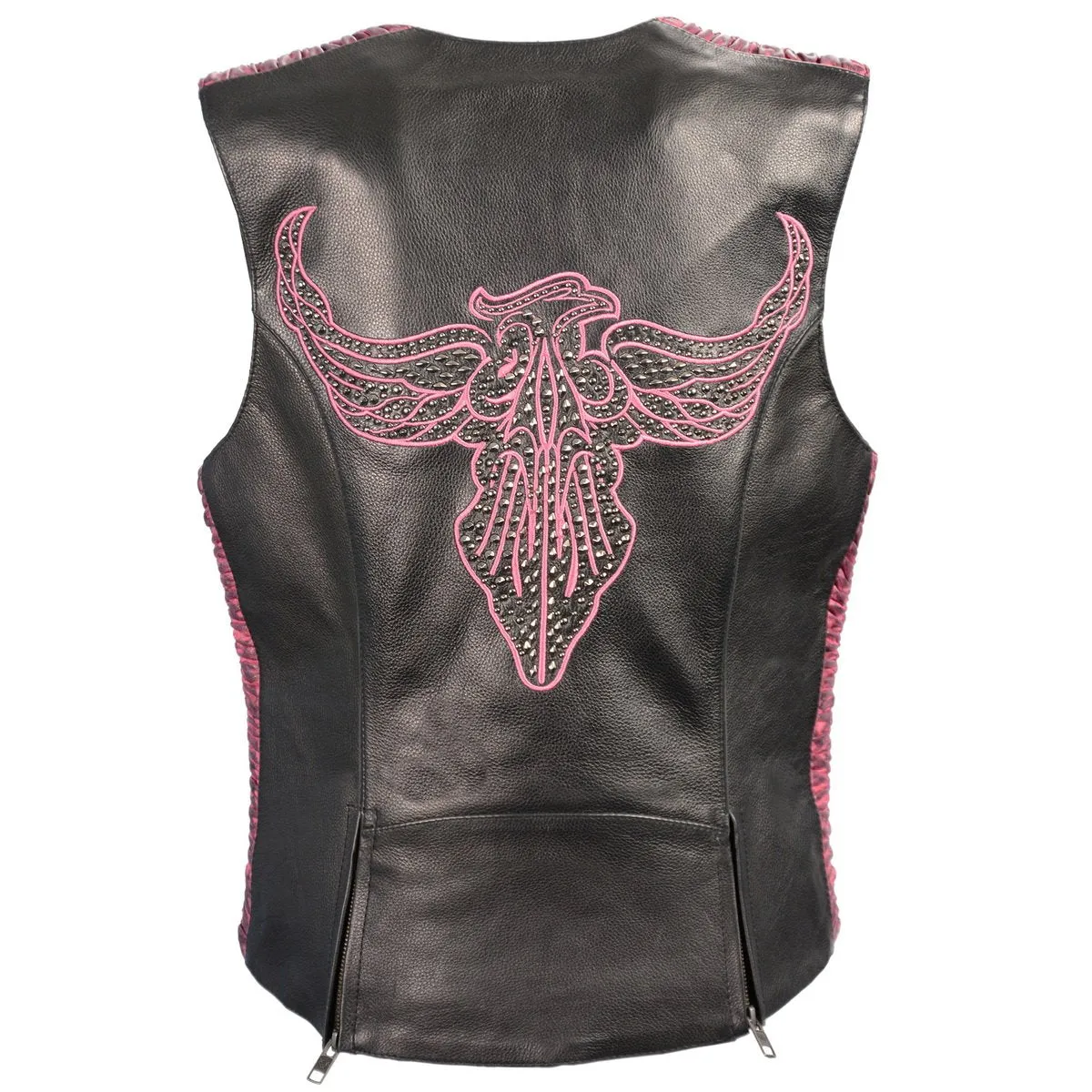 Milwaukee Leather MLL4570 Women's Studded Phoenix Black/Fuchsia Leather Motorcycle Vest w/ Embroidery Art