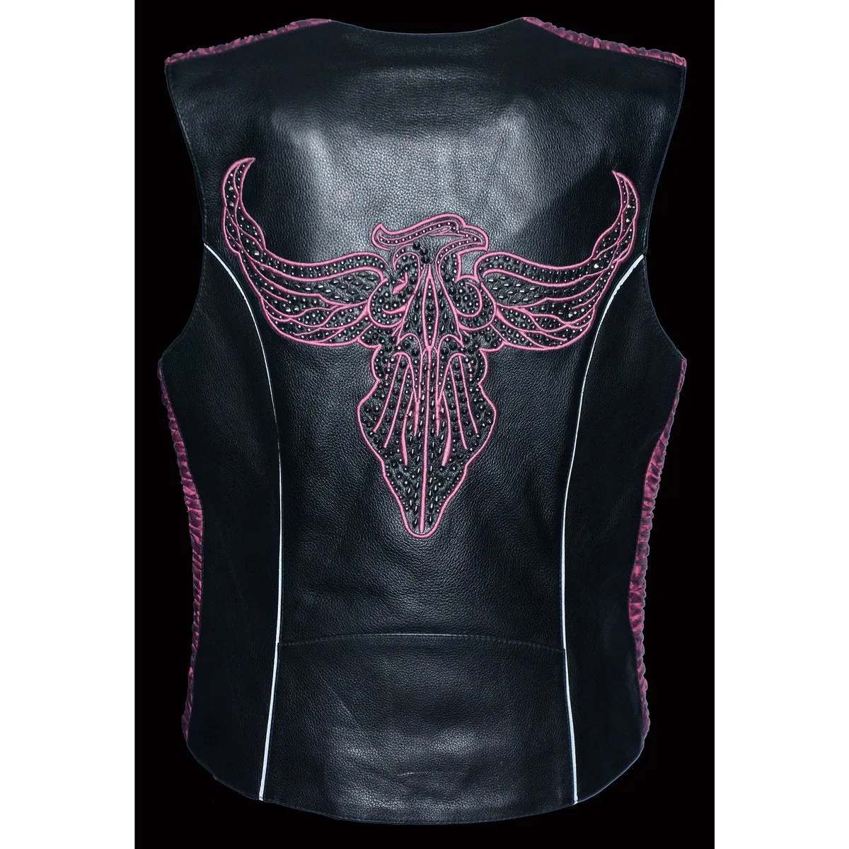 Milwaukee Leather MLL4570 Women's Studded Phoenix Black/Fuchsia Leather Motorcycle Vest w/ Embroidery Art