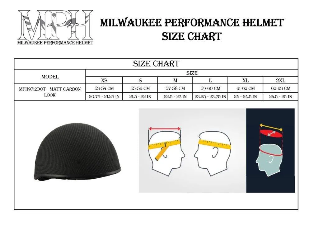 Milwaukee Performance Helmets MPH9712DOT Dot Approved Matte Black Half Motorcycle Helmet for Men and Women Biker with Carbon Fiber Look