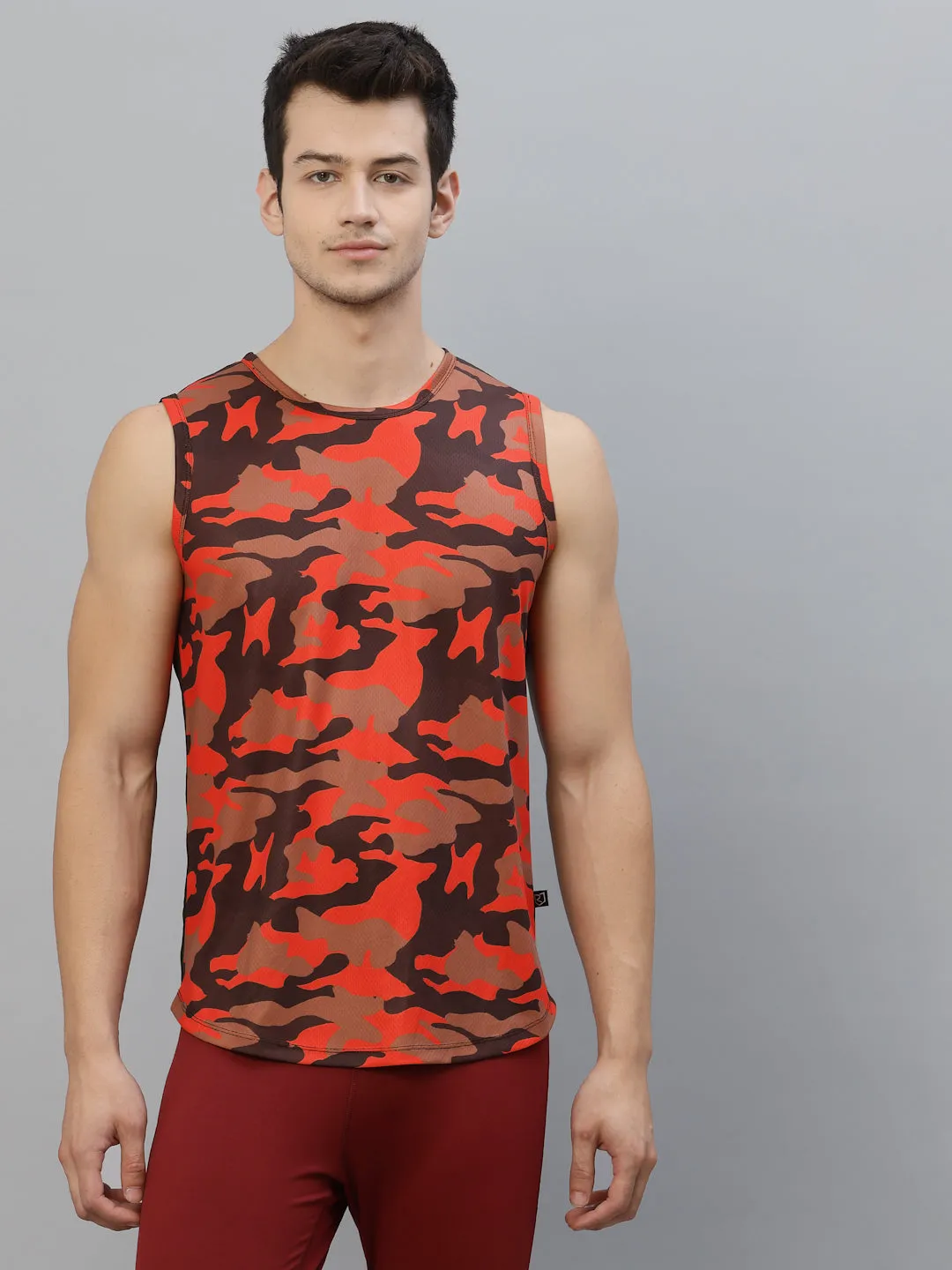 Orange Camouflage Printed Round Neck Sleeveless Activewear T-Shirt Vest