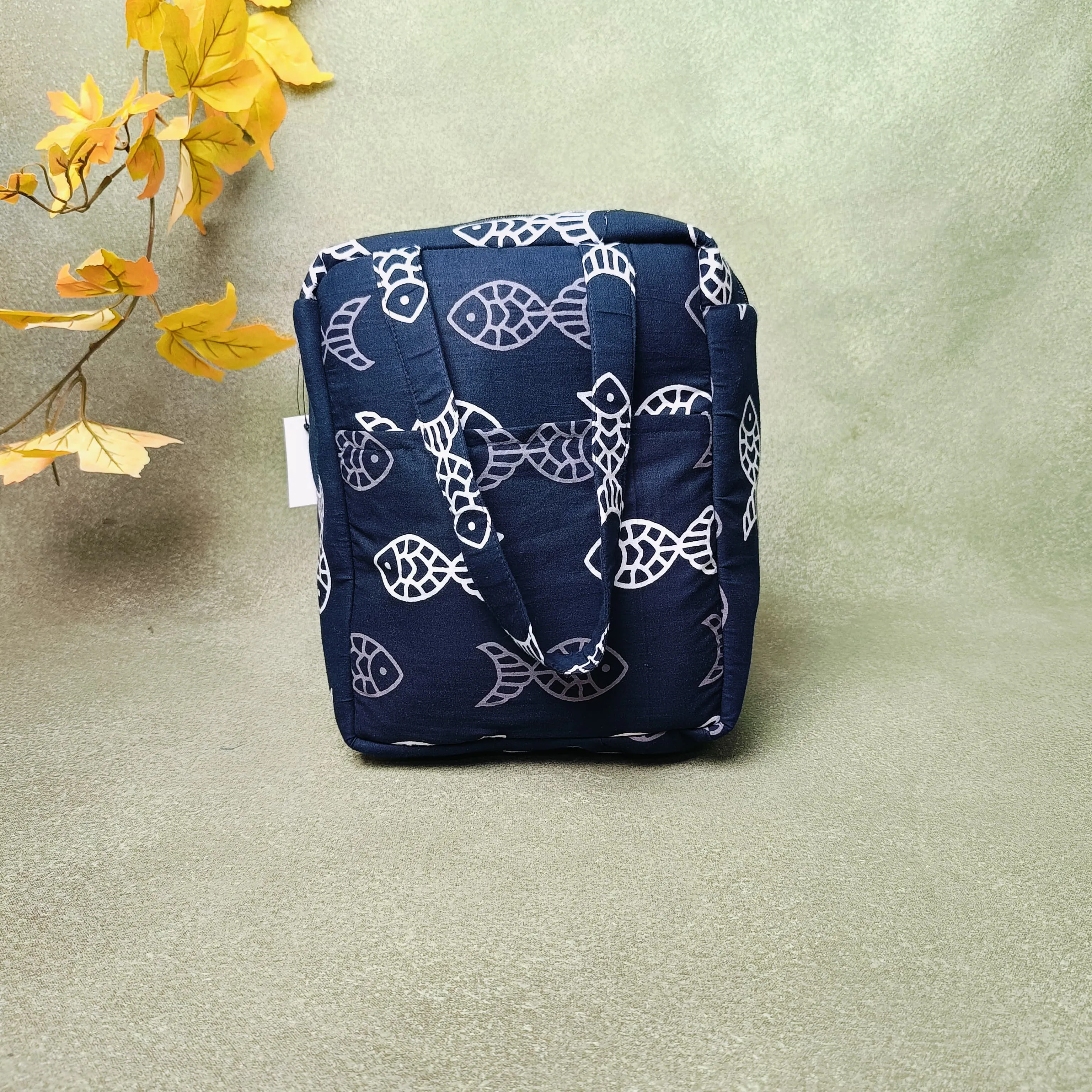 Water Proof Lunch Bag Indigo with White Graphic Prints